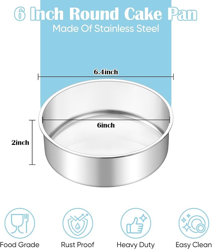 TeamFar 6 Inch Cake Pan, 2 Pcs Stainless Steel Round Tier Cake Pan Set | for Baking Steaming Serving, Fit in Oven Pot Air Fryer, Healthy & Heavy Duty, Mirror Finish & Easy Clean, Dishwasher Safe