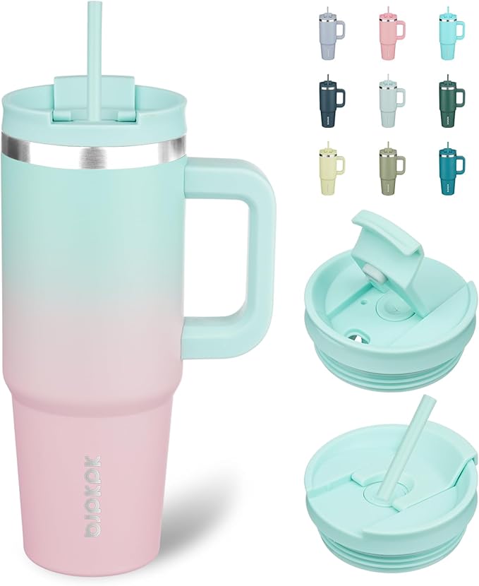 BJPKPK 30 oz Insulated Tumbler with Handle & Straw, Stainless Steel | Double Wall Vacuum Insulation, Leak Proof, BPA Free, Dishwasher Safe, Cupholder Friendly, Travel & Outdoor, Bubble Gum