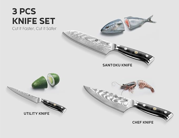 ASETY Damascus Knife Set 3 PCS, Japanese Kitchen Knives with G10 Handle | Ultra-Sharp Professional Chef Knife Set, 67-Layer Damascus Knife with VG10 Steel Core, Full Tang, NSF Food-Safe, Gift Box
