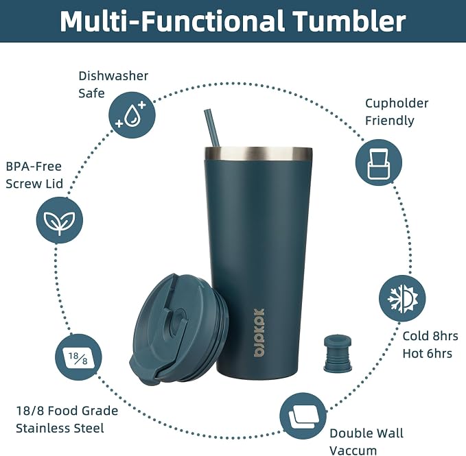 BJPKPK 22 oz Coffee Tumbler with Straw, Insulated Stainless Steel Cup | Double Wall Vacuum, Leak Proof Lid, Keeps Hot/Cold/Iced, BPA Free, Dishwasher Safe, Cupholder Friendly, Travel, Navy Blue