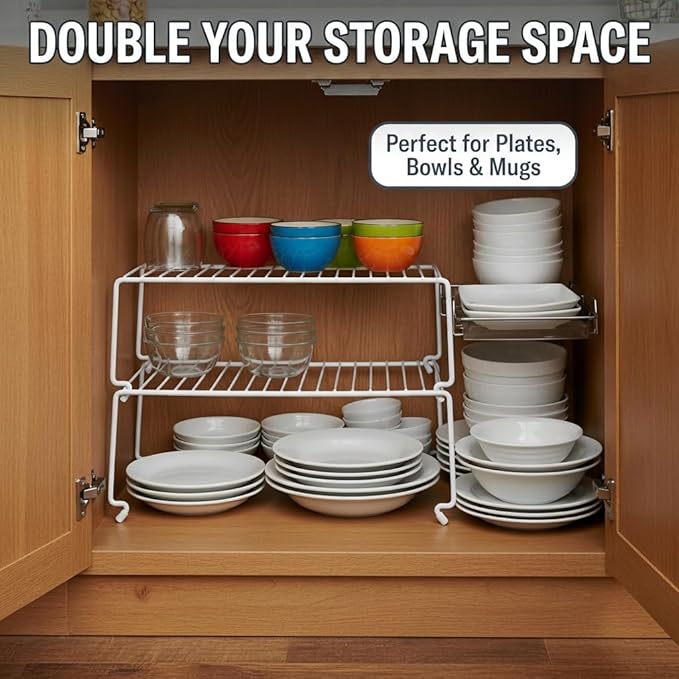 4-Pack Kitchen Cabinet Shelf Riser - Stackable Cupboard Organizer & Wire Rack for Pantry, Spice Organization, Desk & Bathroom, Rustproof Metal Closet Shelves, White (15.7" L x 8.5" W)