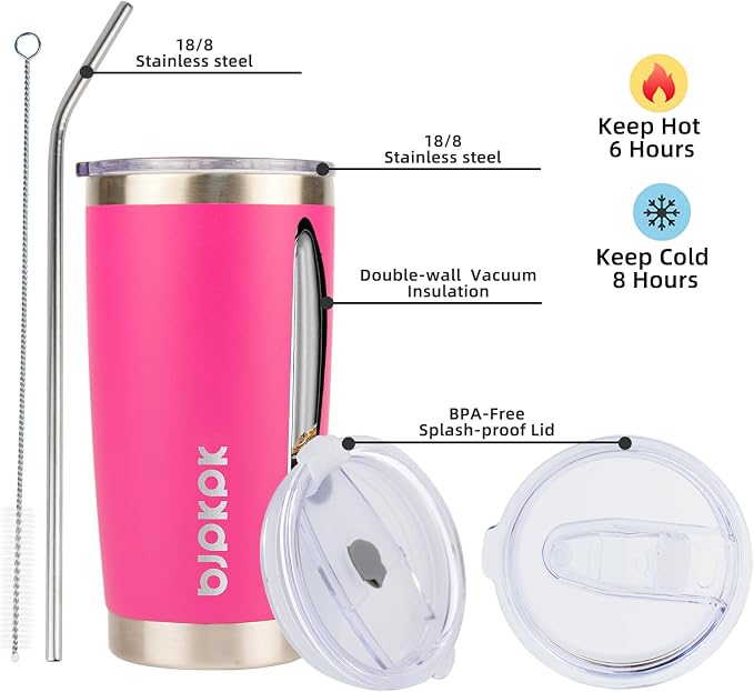 BJPKPK 20 oz Coffee Tumbler with Lid, Straw, Insulated Stainless Steel Mug | Double Wall Vacuum, Keeps Hot/Cold, BPA Free, Leak Proof, Iced Coffee Cup Fit Car Holder, Travel & Beach Ready, Pink