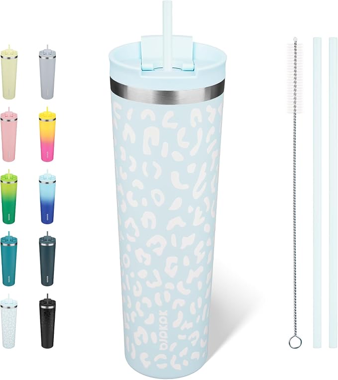 BJPKPK 34oz Coffee Tumbler with Straw, Insulated Stainless Steel Cup | Double Wall Vacuum, Leak Proof Lid, Keeps Hot/Cold/Iced, BPA Free, Travel & Outdoor, Light Blue Leopard