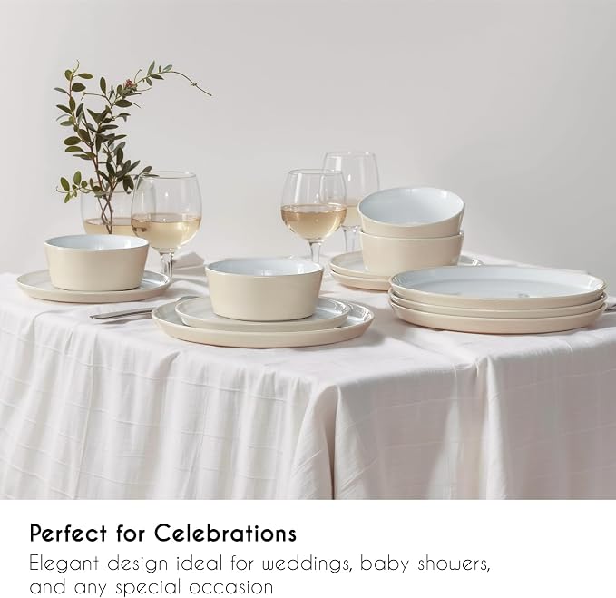 Stoneware Dinnerware Set for 4(12Pcs) – Microwave & Dishwasher Safe Plates and Bowls with Reactive Glaze – Rustic Farmhouse Modern Design for Everyday Dining, Wedding & Outdoor - Light Beige
