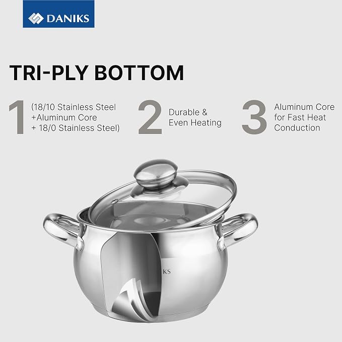 Daniks Classic 12-Piece Stainless Steel Cookware Set with Glass Lids, Includes Saucepan and Frying Pan with Lid, Tri-Ply Bases for Even Heating, Induction Compatible, Dishwasher Safe