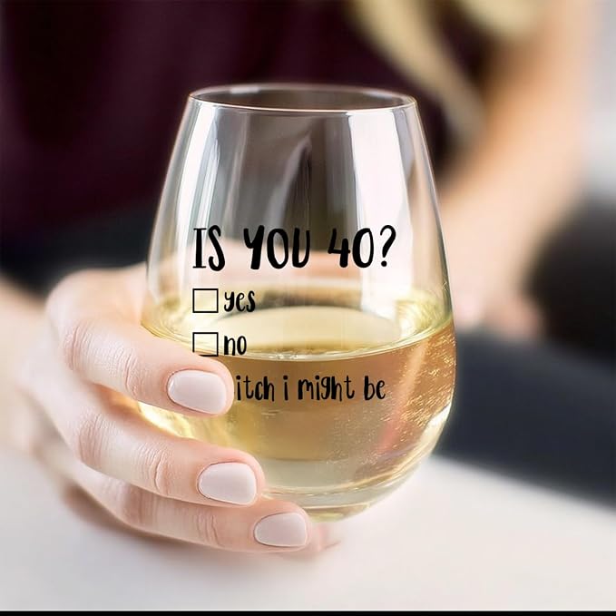 Funny 40th Birthday Gifts for Women Men- 40th Birthday Wine Glass & Wine Bag Gift Ideas for Wife, Husband, Mom, Dad, Sister, Aunt, Coworkers,40Year Party Supplies Decor for Him Her (Clear-40)
