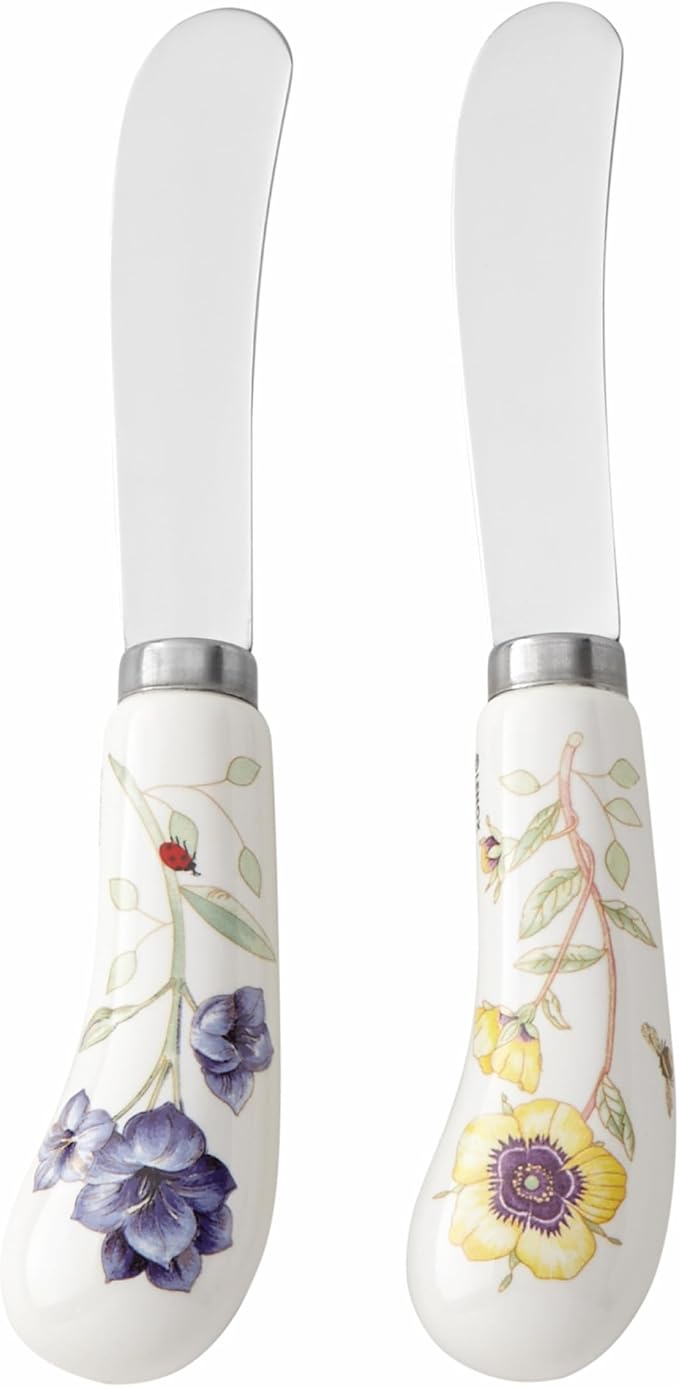 Lenox Butterfly Meadow Porcelain Handle Cheese Spreader Set, 2-Piece | porcelain handles, 18/10 stainless steel | 6 inch size | charcuterie board accessory, butter spreader gift
