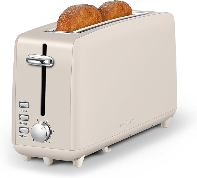 SEEDEEM Stainless Steel Toaster 2 Slice Slim, 10" Single Long Slot, Oatmilk | 6 Shade Settings, Extra Wide Slot Fits Bagels & Artisan Bread, Defrost, Cancel Function, Removable Crumb Tray
