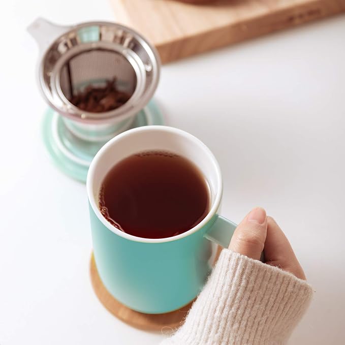 CEEFU 16oz Porcelain Tea Mug with Infuser, Lid and Coaster | Teaware with Filter, Loose Leaf Tea Cup Steeper Maker, Tea/Coffee/Milk/Women/Office/Home/Gift, Turquoise