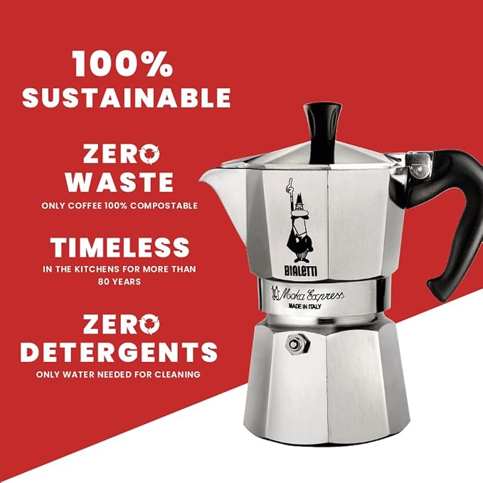 Bialetti Moka Express Iconic Italian Stovetop Espresso Maker (Natural Silver, 6 Cups)