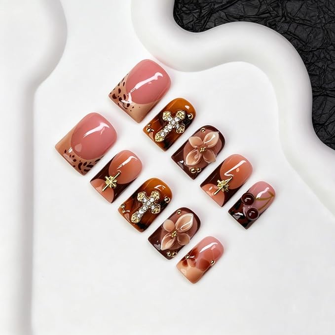 Brown Flower Handmade Press on Nails Short Square 3D Floral & Cherry False Nail Designs Thicked Leopard Print French Tip Fake Nails Full Cover Hand Made Press on Nails for Women (M)
