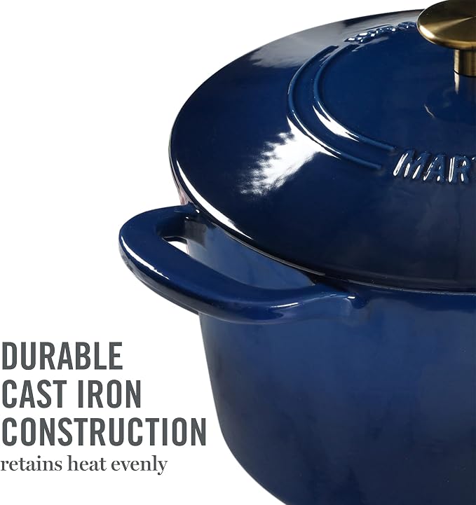 MARTHA STEWART Gatwick 7-Quart Enamel Cast Iron Dutch Oven Pot with Lid – Navy Blue with Gold Knob – Durable Heavy-Duty Dutch Oven for Slow Cooking & Braising