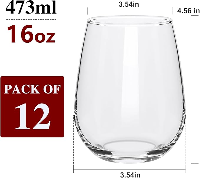 Stemless Wine Glasses Set of 12,16oz Crystal Red White Wine Glass
