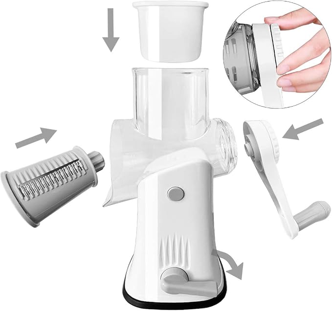 Hand Crank Rotary Cheese Grater Vegetable Shredder Slicer with 5 Blades | Strong sunction base, 5 interchangable sharp drum blades meet various cooking needs, shred block of cheese in seconds