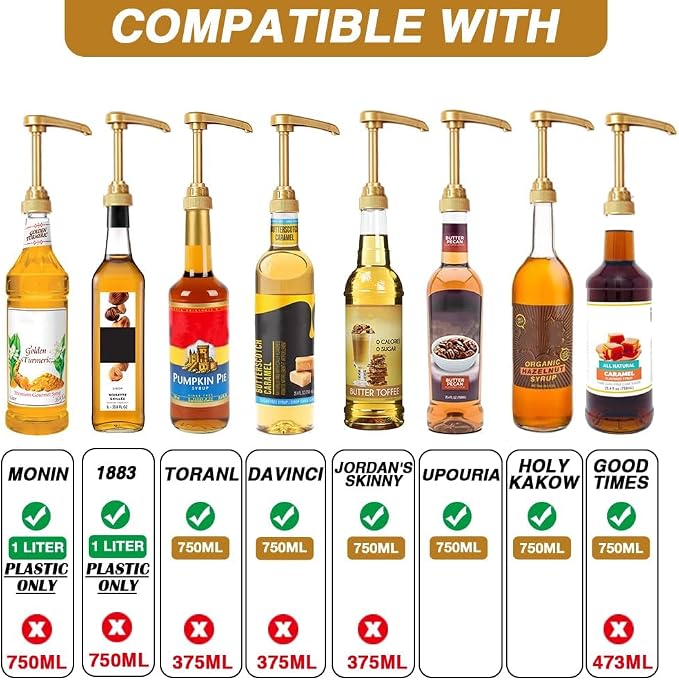 12 Pcs Gold Coffee Syrup Pump Compatible with 25.4Oz/750ml Bottles | Syrup Dispenser Pumps, Great for Home & Coffee Bar, Drinking Mixes, Tea, Beverage, Cocktails, Syrup Bottles, Plus Spoons