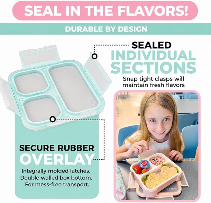 kinsho Medium Bento Box for Kids Toddlers, Lunch-Box for Boys Or Girls, Leakproof 3 Compartment Containers for Meal for Snack at Daycare School Travel, BPA Free, 2 Pack Pastel Teal + Pink