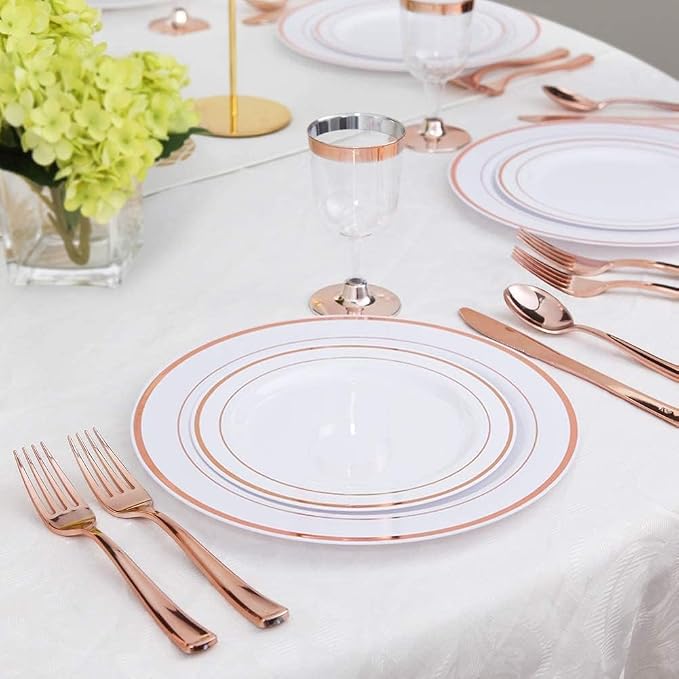 300 Pieces Rose Gold Plastic Silverware- Disposable Flatware Set - Heavy Duty Plastic Cutlery Includes 100 Forks, 100 Spoons, 100 Knives Perfect for Wedding/Party/Birthday
