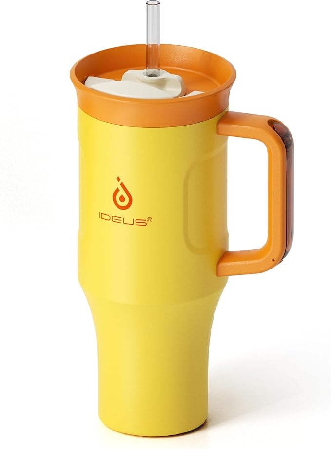Ideus 32 oz Tumbler with Handle and Straw, Yellow | 100% Leak Proof, Double Wall Vacuum Insulated, Stainless Steel Travel Mug, Cup Holder Friendly