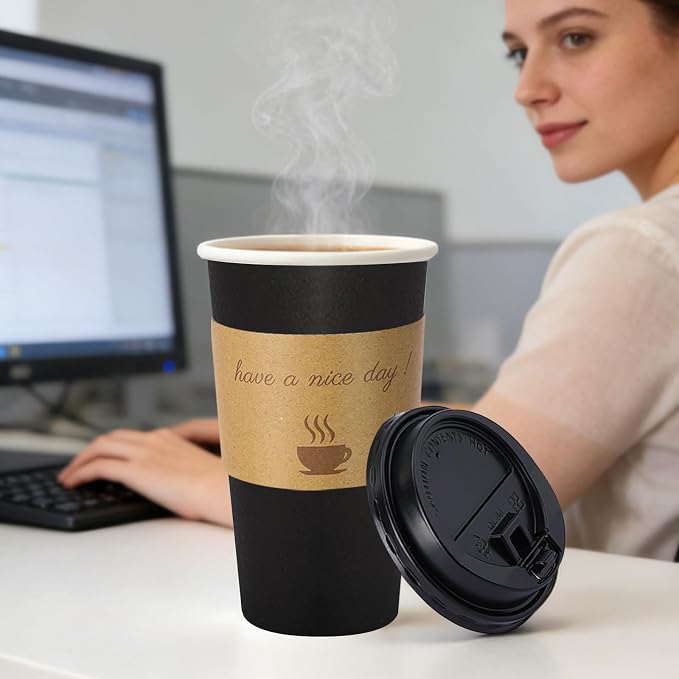 BYSNOW 20 oz 50 pack Disposable Paper Coffee Cups with Lids To Go Cups | Paper To Go Cups with Lids, Sleeves and Stirring Sticks, Hot Paper Cups for Home, Office and Party (Black 20oz)