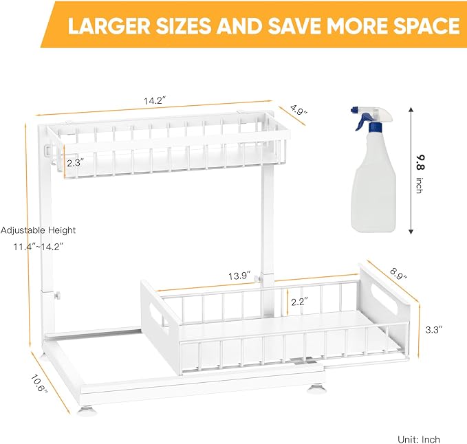 L-Shaped Under Sink Organizer, 2-Tier Pull-out Cabinet Rack 1-Pack | White Height-Adjustable Steel Rack, Sliding Grid Drawers with PP Liners, Holds 100 Lbs, Suction Base, Ideal Kitchen Storage