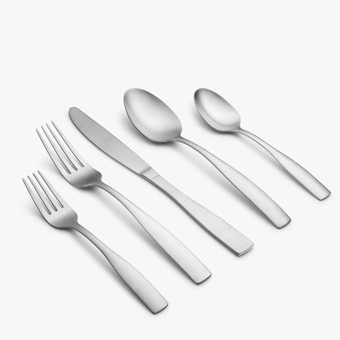 Cambridge Madison Satin 62-Piece 18/0 Silverware Set for 12, Flatware | silver, dishwasher safe | includes wood storage tray | heavy duty, cutlery set for kitchen and dining, utensil set