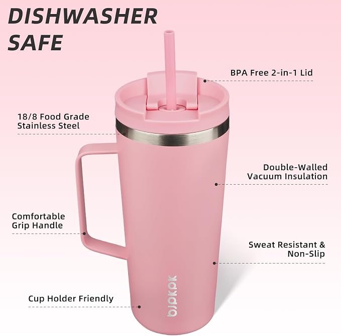 BJPKPK 22oz Insulated Tumbler with Handle, Lid & Straw, Stainless Steel | Double Wall Vacuum Insulated Coffee Travel Mug - Keeps Cold & Hot, BPA Free, Cupholder Fit for Office, Gym & Travel