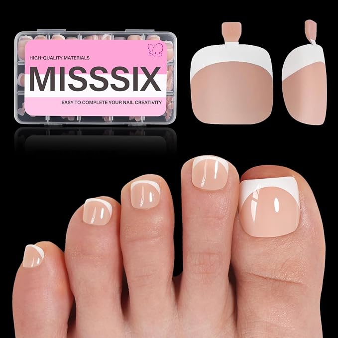Misssix Press on Toenails Short, 216pcs French Tip Toe Nails Square in Box | Soft Gel False Toenail, Acrylic Soak off Fake Toe Nails for Women Nail Art DIY 15 Sizes