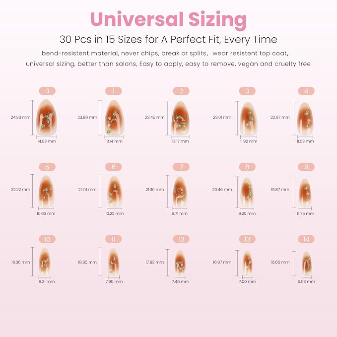 Nail Reformation Press On Nails, Rose Gold Foil Medium Almond Fake Nails | Brown Blush Shimmer with Glossy Finish, Reusable Stick On False Nails in 15 Sizes - 30 Nail Kit with Glue, Gifts for Women
