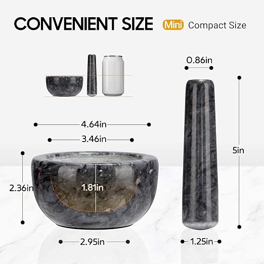 Tera Marble Mortar and Pestle Set Small Bowl Solid Stone Grinder Spice Herb Grinder Pill Crusher (Black, Diameter 4.64")