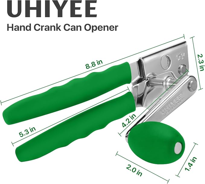 UHIYEE Commercial Can Opener Heavy Duty, Hand Crank for Large Cans, Green | Manual Can Opener, High-Carbon Blade, Extra-Long Handle, Oversize Knob, Built-in Magnet & Bottle Opener, For #10 Cans