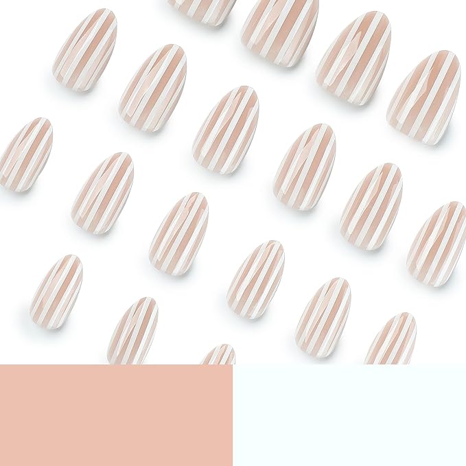 White Stripe Press On Nails Short Almond Fake Nails Full Cover False Nails | Reusable Glue On Nail Glossy Stick On Nail Acrylic Nails Press Ons For Women 24Pcs