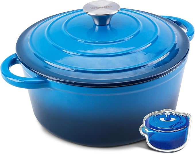 7-QT Enameled Cast Iron Round Dutch Oven With Lid,Oven safe,Blue | Large enameled cast iron Dutch oven,Retains moisture,PFAS-free,500°F,sourdough,braising/stews/roasting,Housewarming Gift