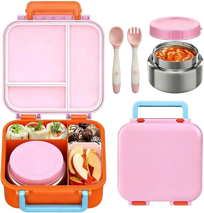 Kids Bento Lunch Box with Soup Thermo (9oz)– Hot & Cold Lunch Container with Leak Proof Insulated Food Jar for School Girls Boys, Ideal Size for Ages 3 to 7, Pink/Orange