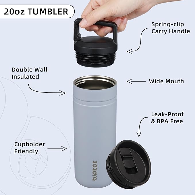 BJPKPK 20 oz Insulated Travel Water Bottle, Coffee Tumbler Stainless Steel | Double Wall Vacuum, Leakproof, Thermal, Keeps Hot/Cold, Dishwasher Safe, Spill Proof, Wide Mouth, 2 Lids, Haze Blue