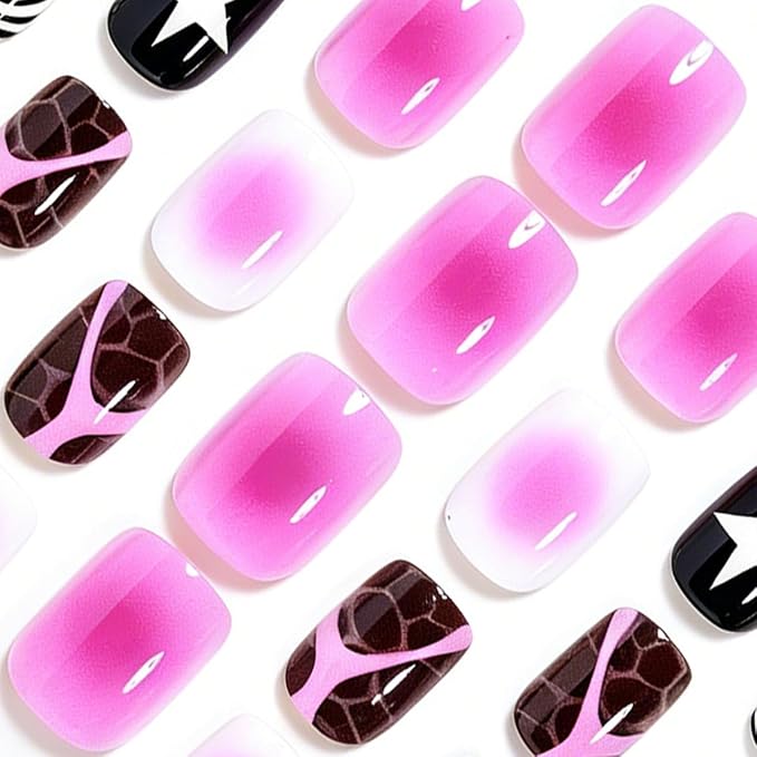 WLGDLH Pink Gradient Press on Nails Short Square Fake Nails Press ons Nail Art Tips with Star Irregular Stripes Design Cute Glossy False Nails Full Cover Repeatable Glue on Nail for Women 24Pcs