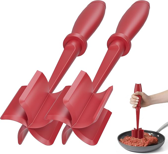 2 Pcs Meat Chopper, Upgrade Hamburger Grinder, Premium Heat Resistant Meat Masher for Ground Beef, Ground Turkey and More, Non Stick Mix Chopper, Hamburger Smasher Safe-Red | Heat Resistant, Food-Grade Nylon, for Ground Turkey/Chicken and More, Non Sti...
