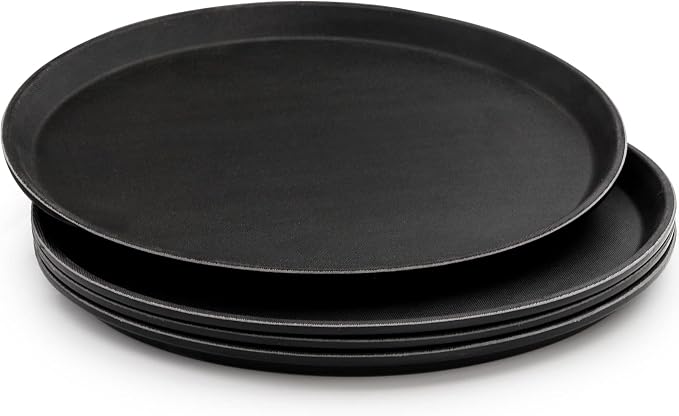 TOPZEA 4 Pack 14 Inch Round Restaurant Serving Tray, Fiberglass Non-Slip Rubber Lined Black Server Trays Commercial Grade Bar Service Tray for Restaurant, Kitchen, Cafeteria, Catering, Easy Clean