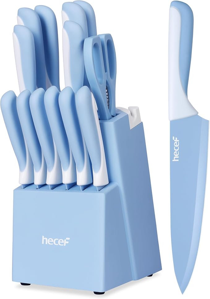 hecef 15 Pieces Kitchen Knife Block Set, Blue | Built-in Sharpening Wooden Block, Dishwasher Safe, High Carbon Stainless Steel, Includes Steak Knives & Kitchen Scissors