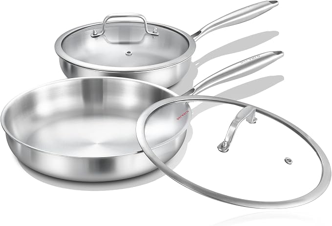 DELARLO Tri-Ply Stainless Steel Pan,18/10, 8",12" | Nontoxic Durable Oven Safe 800℉ All Cooktops Compatible Fast Even Heat PFOA Free Large Frying Pan Nontoxic Cookware