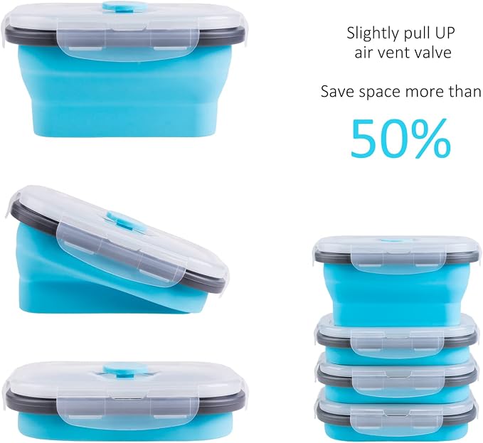 Collapsible Food Storage Containers with Lids & Vent, 11.8 oz, Kitchen Stacking Silicone Collapsible Meal Prep Container Set for Leftover, Microwave Freezer Dishwasher Safe, Blue Small 4 Pack
