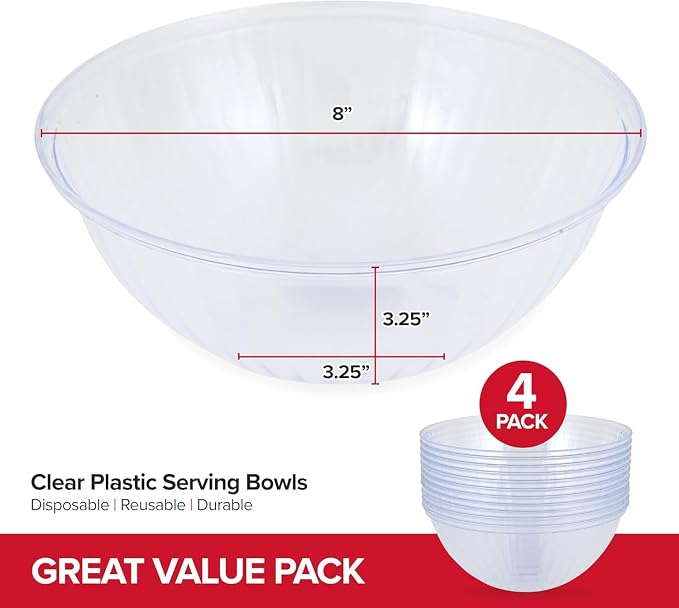 48 oz Clear Plastic Serving Bowls (4 Pack) Disposable Candy Dishes, Buffet Containers for Chips, Popcorn, Snacks, Mints, Salad Bar, Snack Bowl Parties, Office Desk, Bridal Shower, Party Supplies