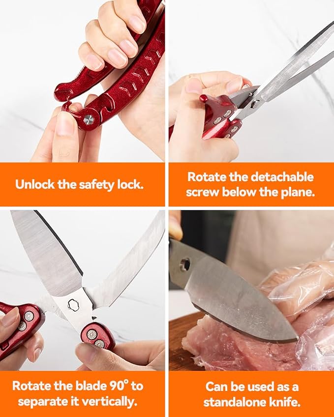 Brigii Kitchen Shears, Heavy Duty Poultry Shears, Detachable Scissors | Detachable blades, 304 stainless steel, built-in spring, safety lock, cuts bone, chicken, turkey, fish, seafood, Red