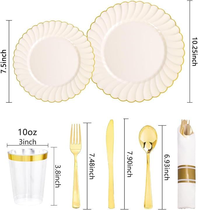 YOUBET 350PCS Ivory Scalloped Plastic Plates for Wedding Party | Ivory and Gold Disposable Dinnerware Set Include 100 Plates, 150 Gold Silverware, 50 Cups, 50 Napkins
