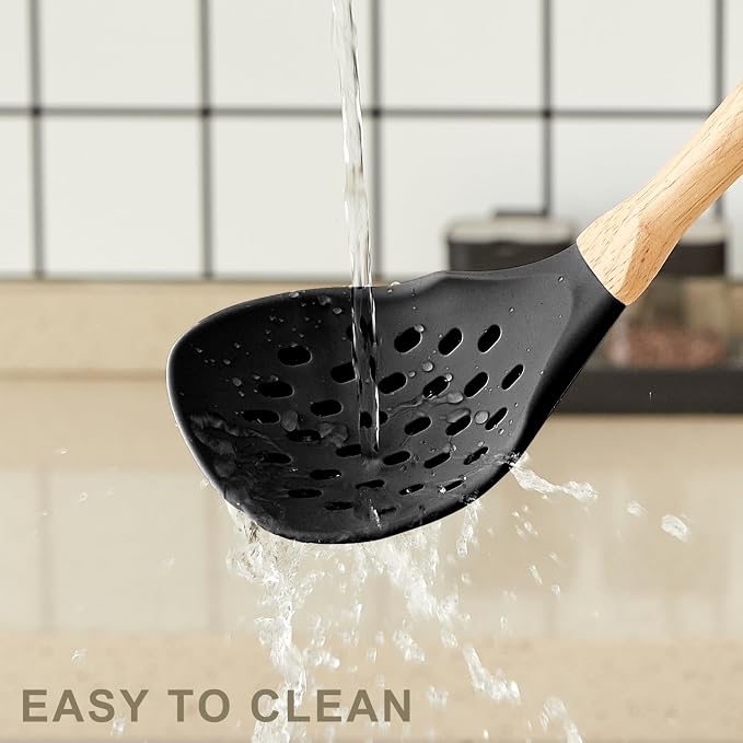 Kitchen Utensils Set - 7 PCS Non-Stick Silicone Cooking Utensils Set Spatula Set with Holder, Wooden Handle Spoon,Tongs,Whisk Kitchen Gadgets Tools Set for Nonstick Cookware (Black-7Max)