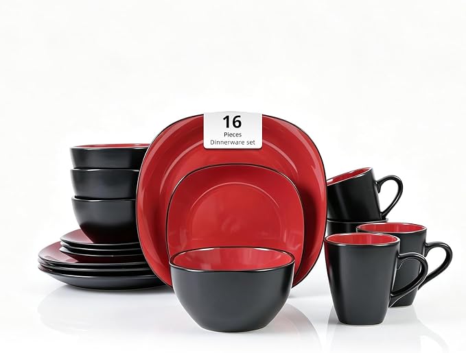 Stoneware Square 16pc Dinnerware Set, Inside Shiny Red + Outside Matte Black