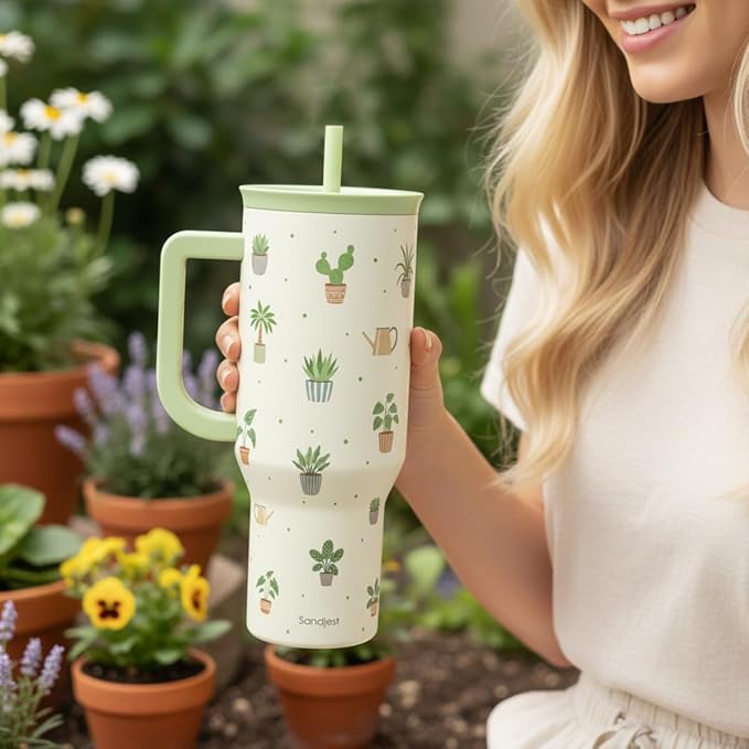 SANDJEST Plant Lover 40oz Tumbler with Handle and Straw, Insulated Stainless Steel Travel Coffee Mug for Women Girls, Gift Idea for Birthday Christmas Mothers Day