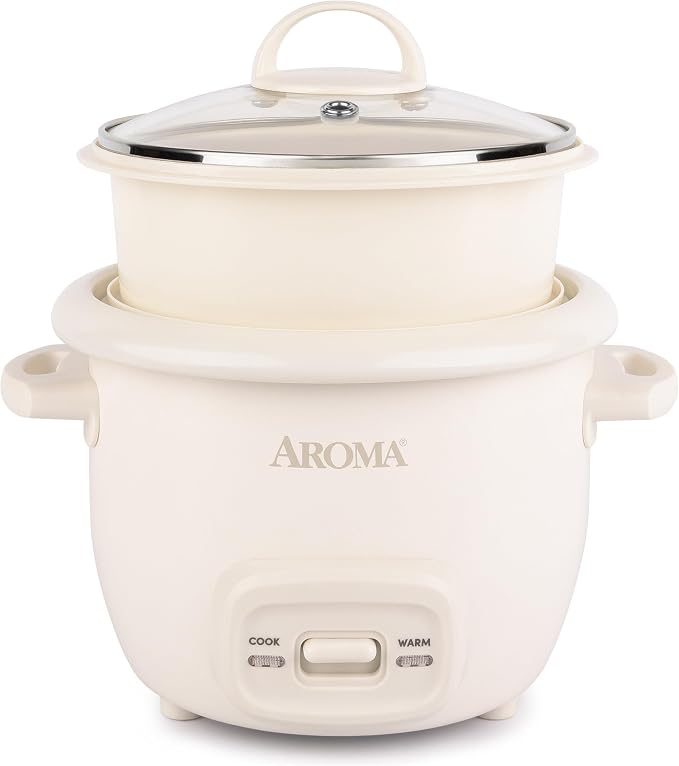AROMA CoreCoat™ Mini Rice Cooker (3 Cups Cooked) with Nonstick Ceramic Pot Coating, Glass Lid, and Pop-Up Steamer Tray, 0.8 Quart