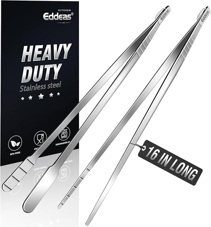 Eddeas 16 Inch long Kitchen Tweezers - 2 Pack large Tweezer Tongs for Cooking, Heavy Duty Stainless Steel Heat Resistant 600°F Food tweezers, Dishwasher safe