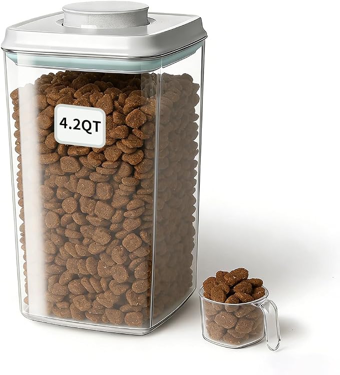 Dog Food Storage Container with One-Touch Lid, 4.22 QT / 4.0 L BPA-Free Cat Food Storage Container，Stackable Durable PET with 130ml Scoop, for Kibble, Treats, and Precise Feeding
