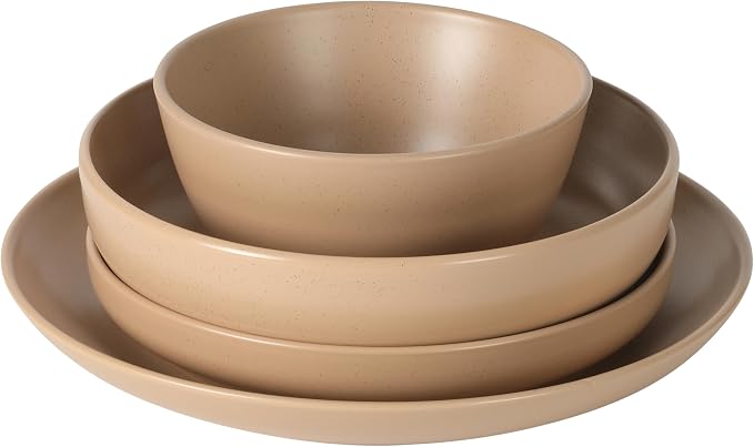 Gibson Elite Leeds Court Plates and Bowls Sets, 16-Piece Stoneware Dinnerware Sets, Terracotta, Round Speckle Reactive Glaze Dish Set
